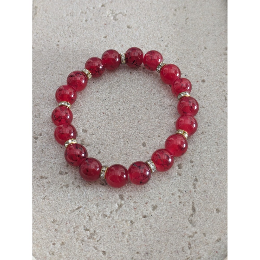 Cranberry Red Beaded Bracelet Rhinestone Spacers Artsy Boho Stretch Jewelry